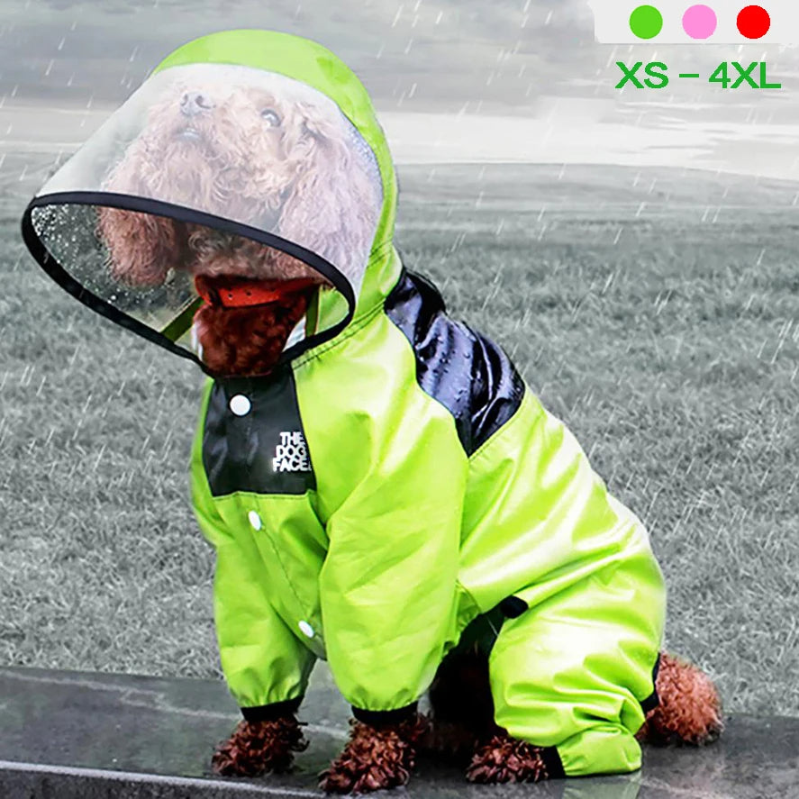Waterproof Dog Jumpsuit Raincoat with Dog Face Design