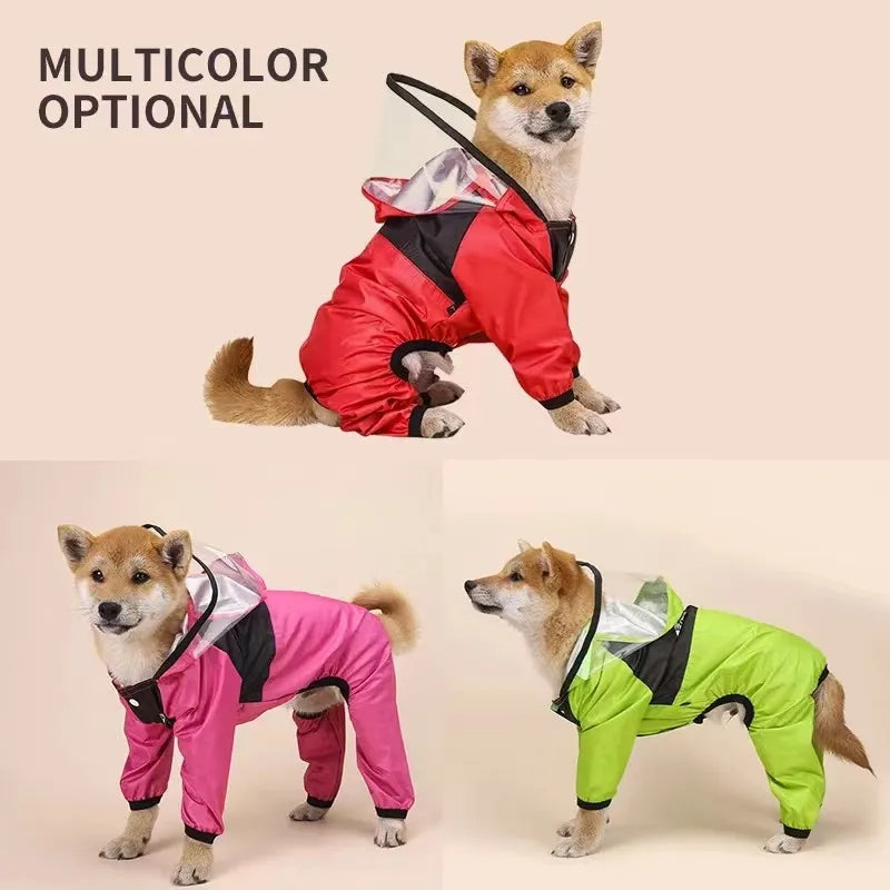 Waterproof Dog Jumpsuit Raincoat with Dog Face Design