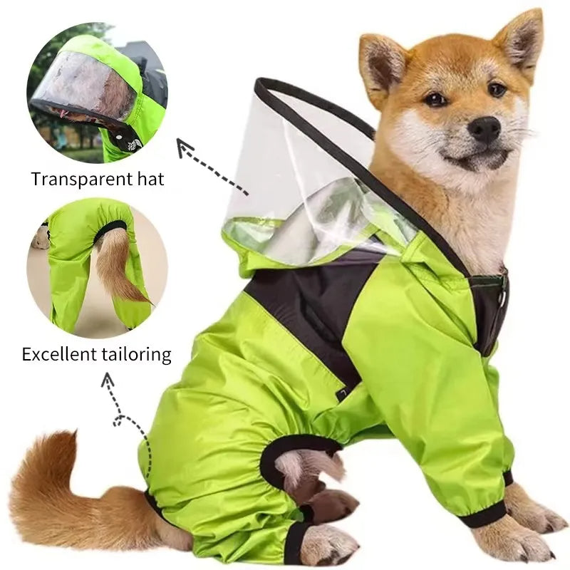 Waterproof Dog Jumpsuit Raincoat with Dog Face Design